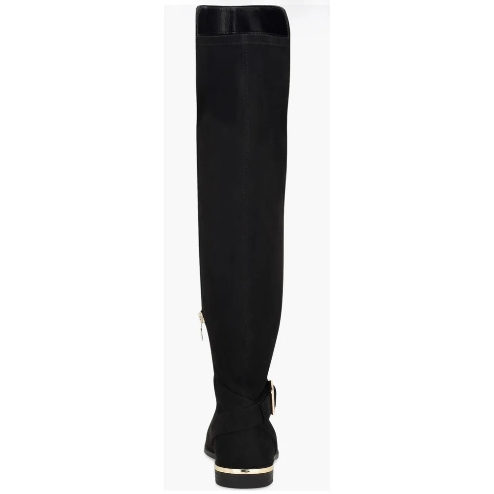 Nine West Black Suede Tall Knee High Buckle Boots Gold Trim Womens Size 8M